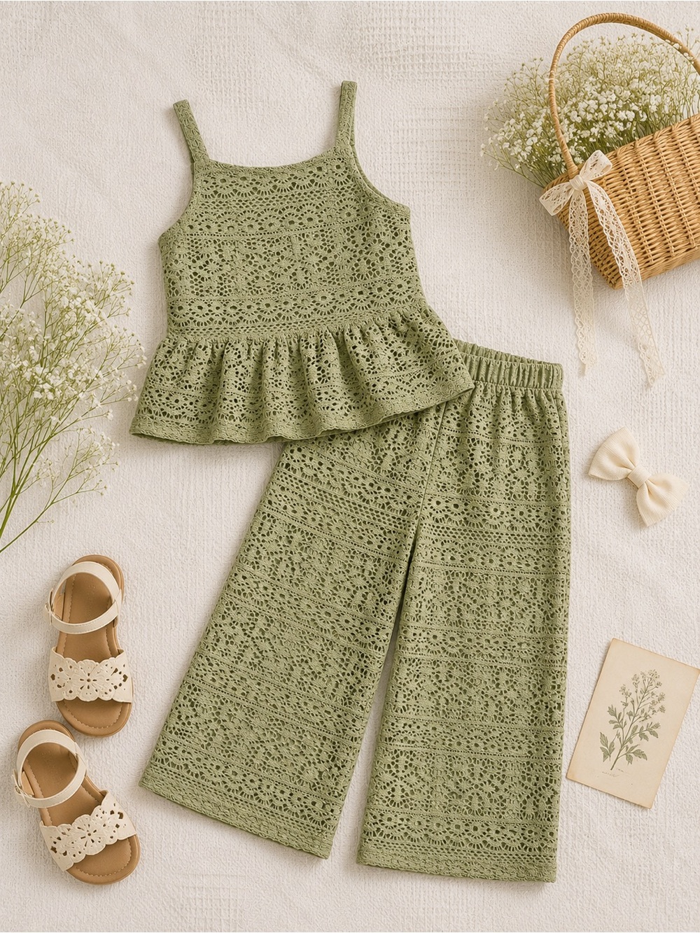 Between Girls Sage Green Crochet Lace 2 Piece Set Size 6 Peplum Top Wide Leg